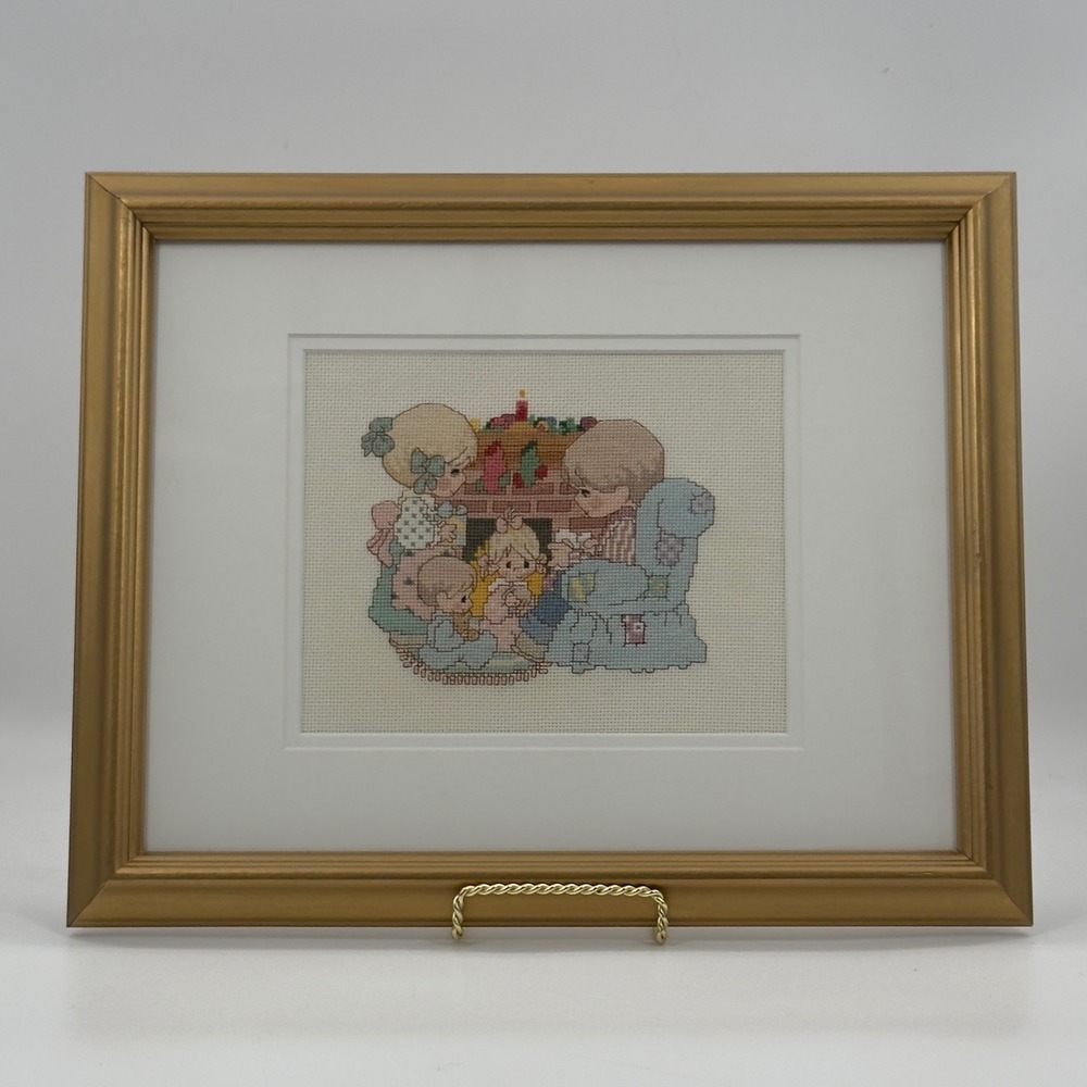 Vintage Precious Moments Precious Family Framed Counted Cross Stitch Needlework